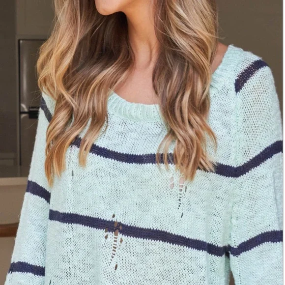 Miracle Mint Green Distressed Wide Neck Knit Stripe Top - Picture 3 of 11